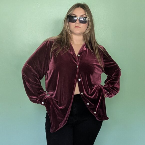 Red Velvet Long Sleeve Button Up - Picture 4 of 5